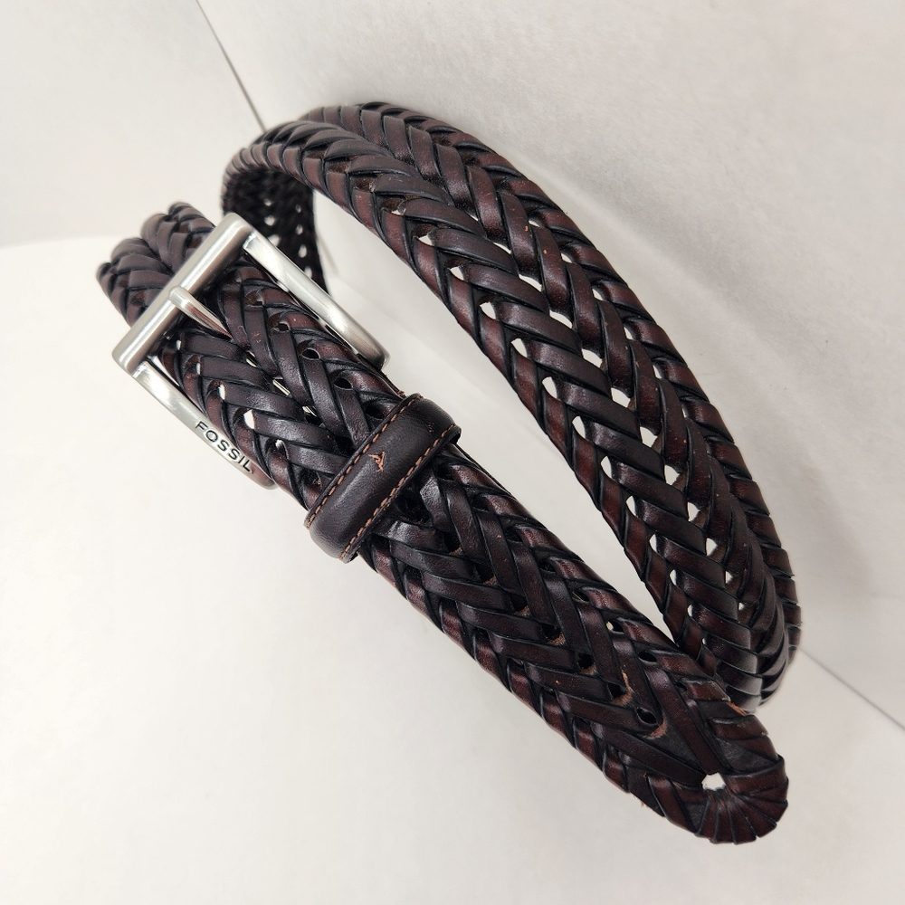 Fossil belt men's 40 brown woven leather logo braided preppy business casual